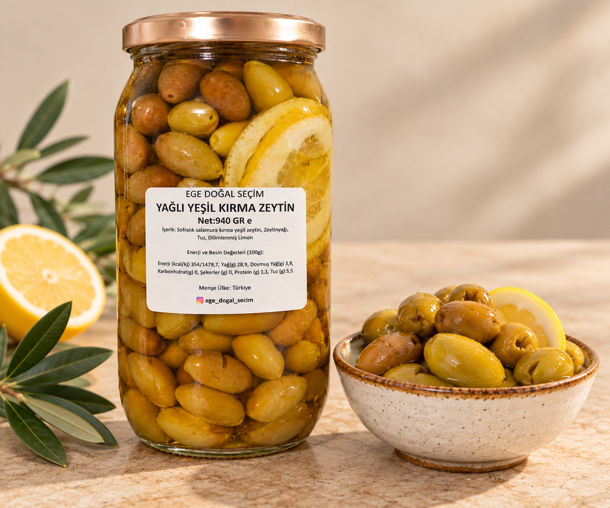 Yağlı Kırma (Yeşil) Zeytin 940 Gr (Cam Kavanoz)